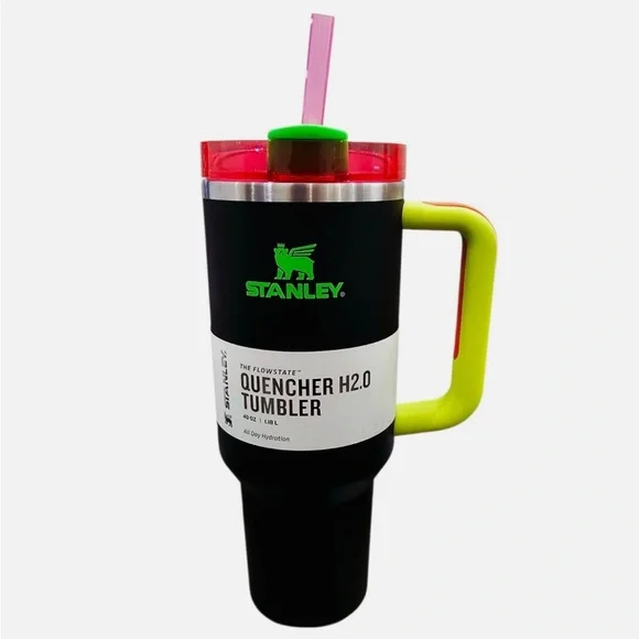 STANLEY Tumbler 40 oz Flowstate Quencher H2.0 BLACK NEON SPRING FLING PINK - Picture 2 of 16